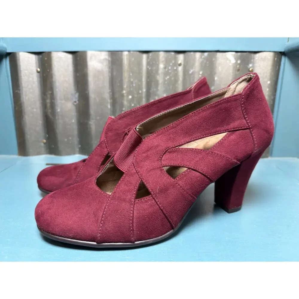 Aerosoles Rigmarole Burgundy Faux Suede Cutout Block Heel Pumps Womens 9M Retro